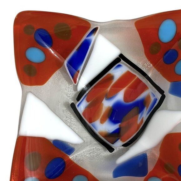 Handmade Fused Art Glass Dish – Red, Blue & White – 6” Modern Decorative Bowl - Picture 3 of 6